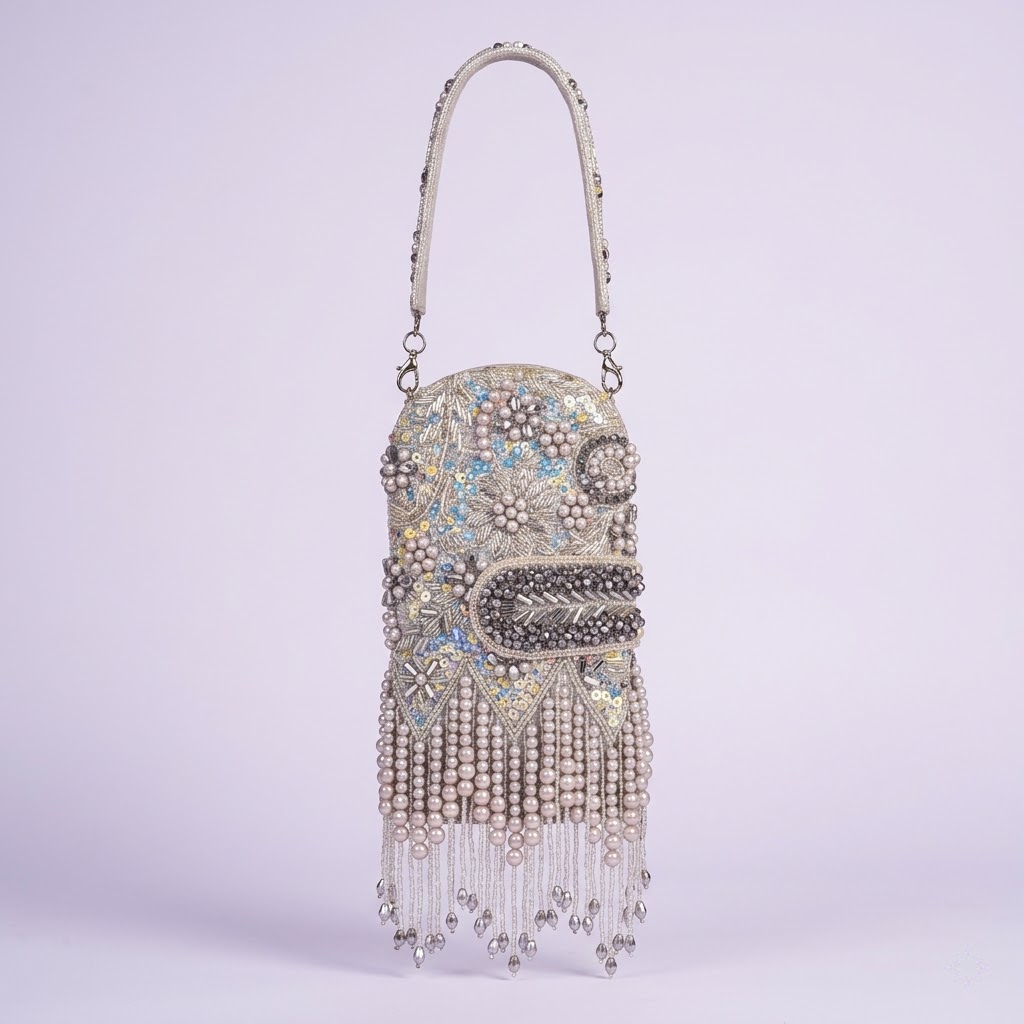 Silver Pearl Fringe Sling Bag – Designer Embellished Party Crossbody for Women