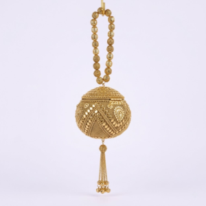 Gold Ball Potli Bag – Designer Embroidered Round Clutch with Beaded Handle for Women