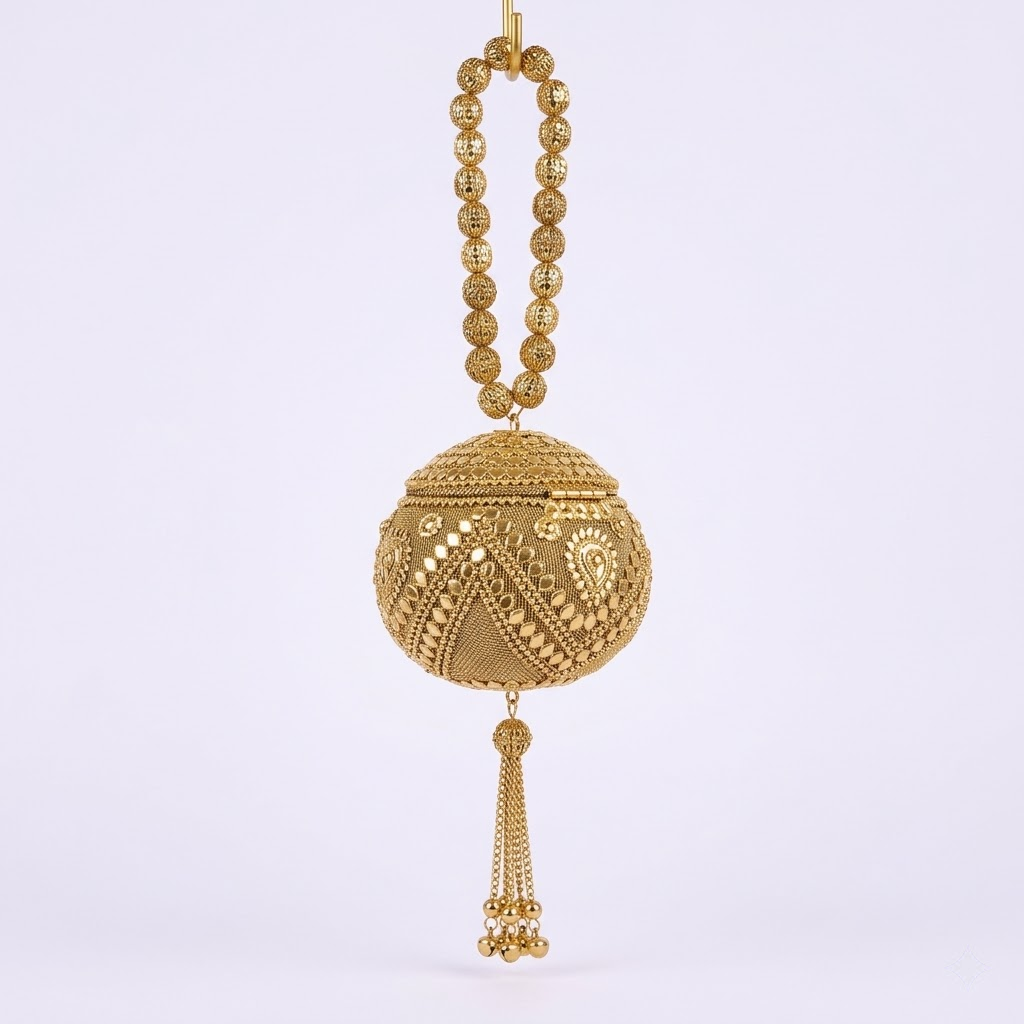 Gold Ball Potli Bag – Designer Embroidered Round Clutch with Beaded Handle for Women