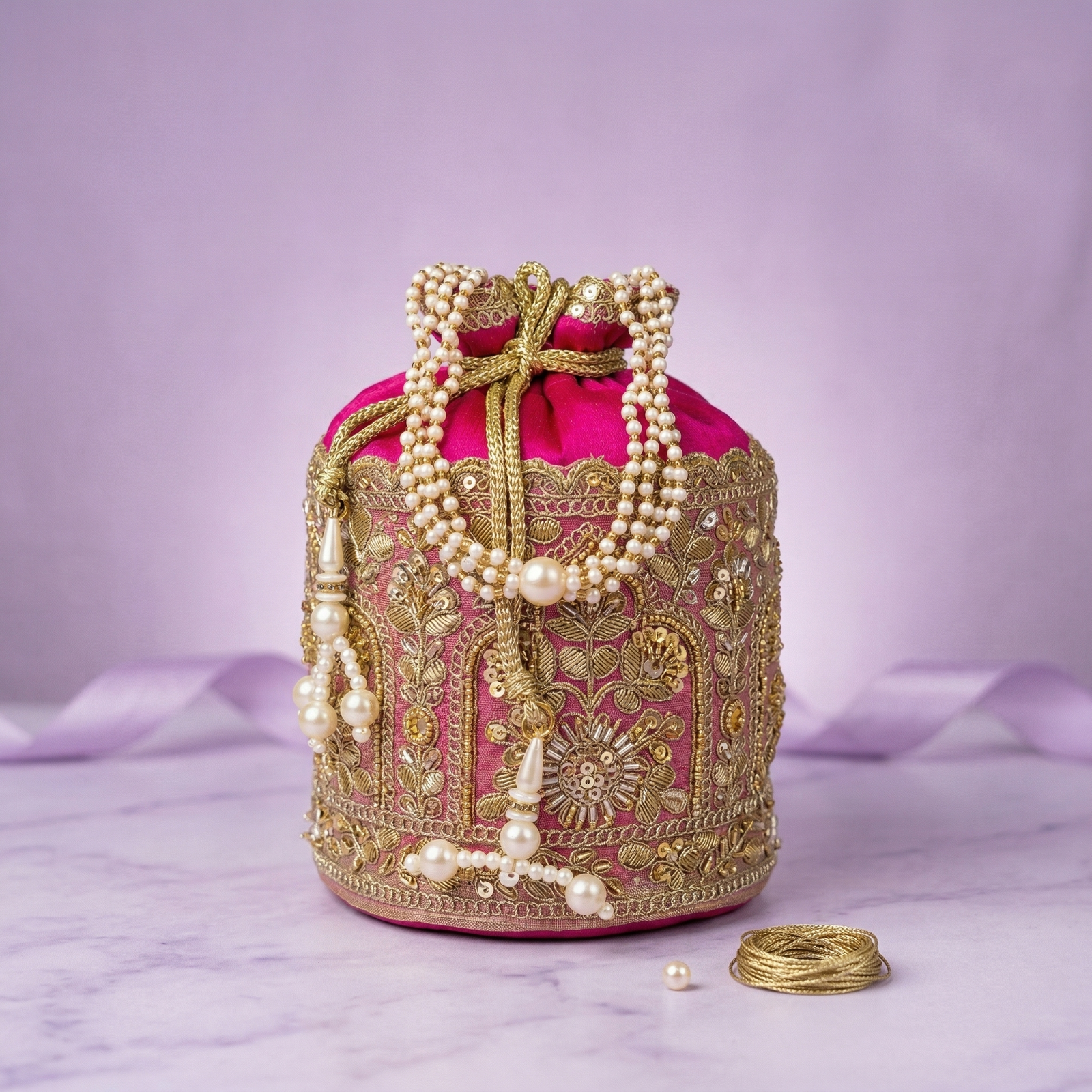 Pink Embroidered Potli Bag – Traditional Pearl & Beaded Drawstring Pouch for Women
