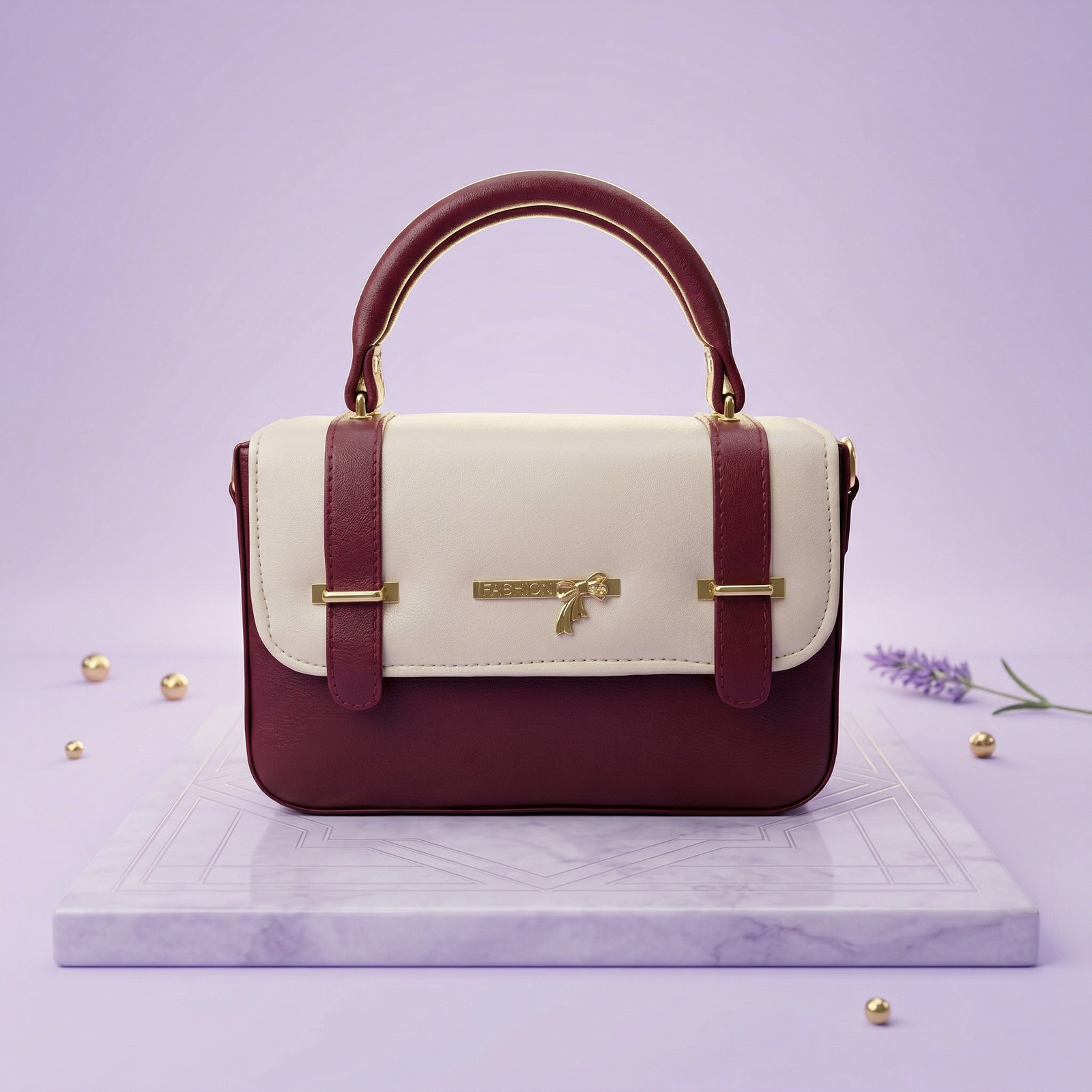 Red & Beige Structured Box Handbag – Elegant Top Handle Designer Purse for Women