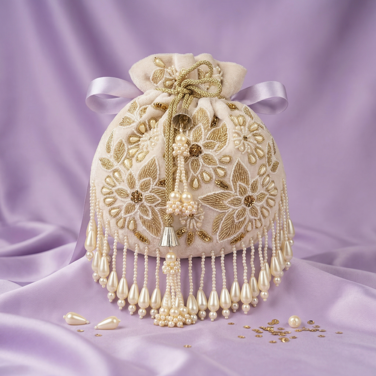 White Velvet Potli Bag – Embroidered Pearl Tassel Bridal Drawstring Pouch for Women
