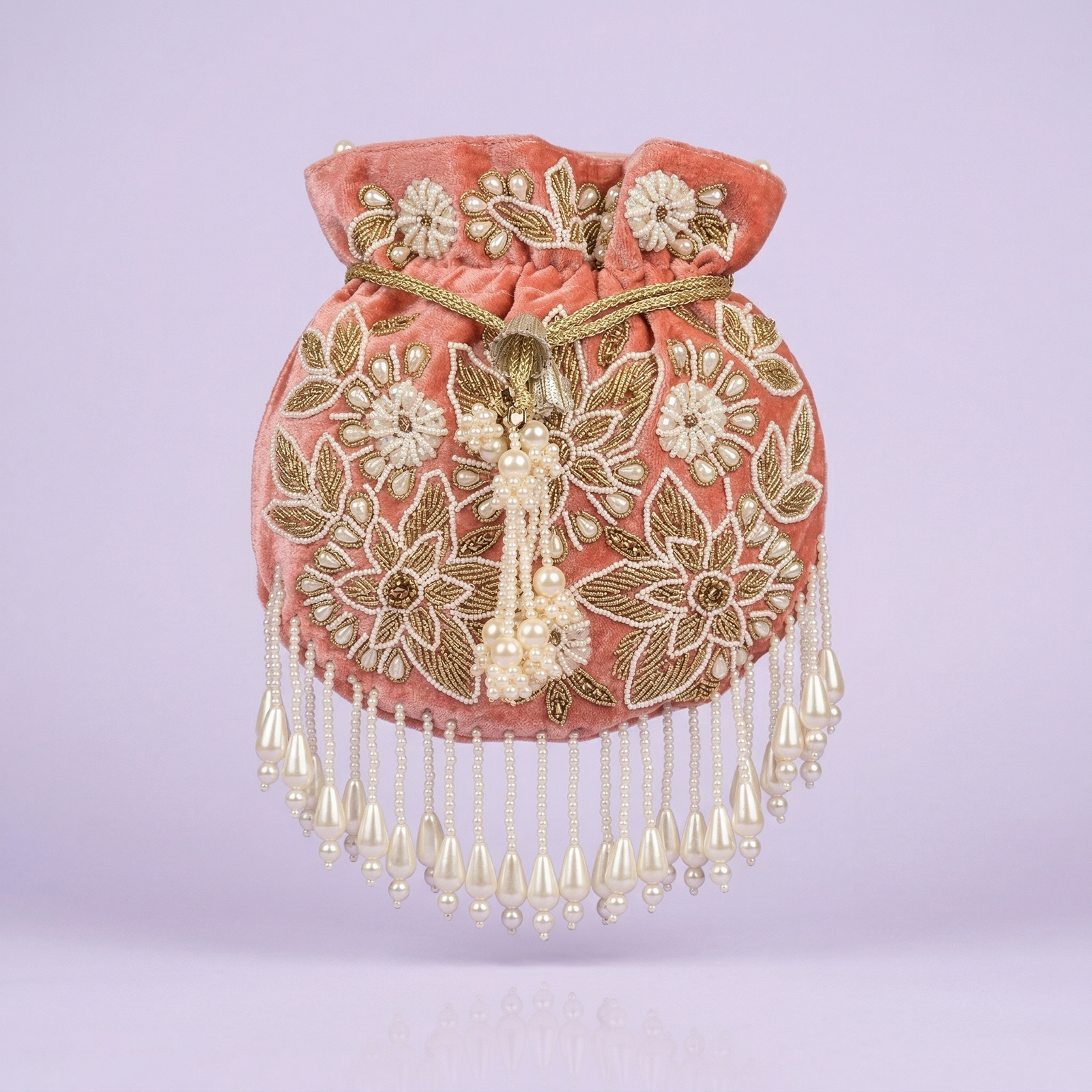 Pink Velvet Embroidered Potli Bag – Pearl Tassel Drawstring Bridal Pouch for Women