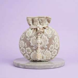 Elegant Fawn Grey Embroidered Potli Bag with Pearl Detailing – Wedding & Party Clutch for Women