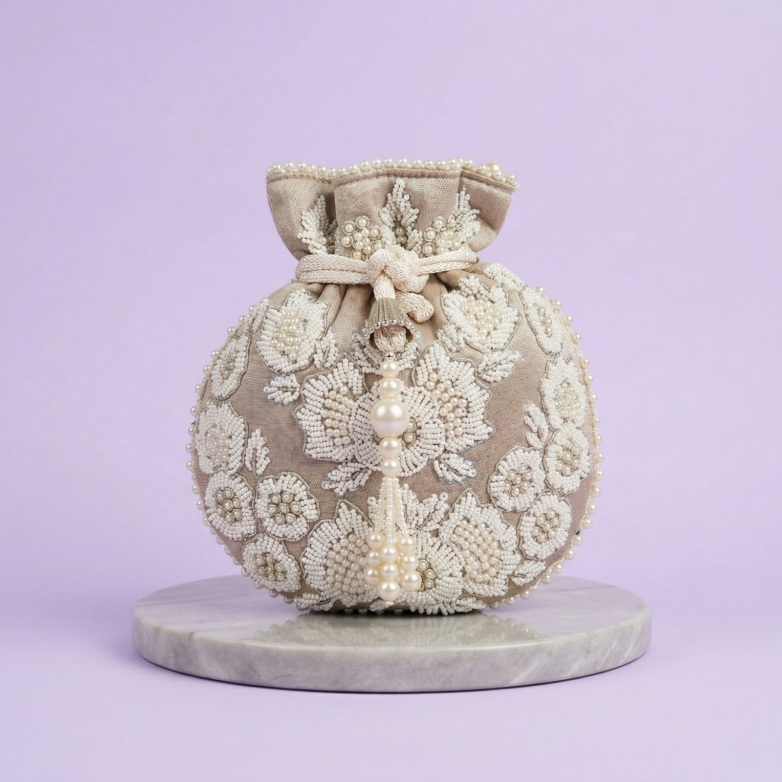 Elegant Fawn Grey Embroidered Potli Bag with Pearl Detailing – Wedding & Party Clutch for Women