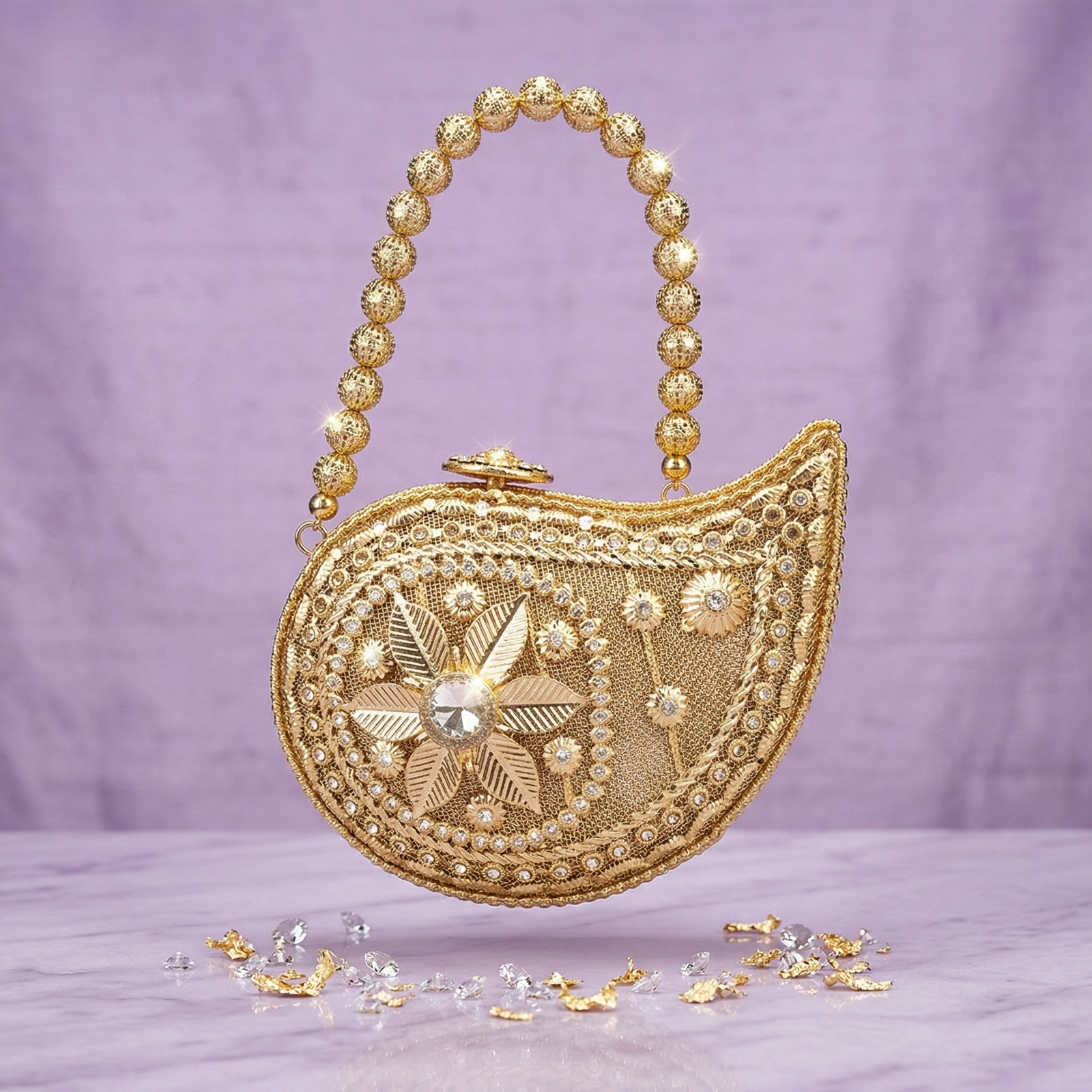 Gold Seashell Designer Sling Bag – Embroidered Beaded Clutch with Pearl Handle for Women