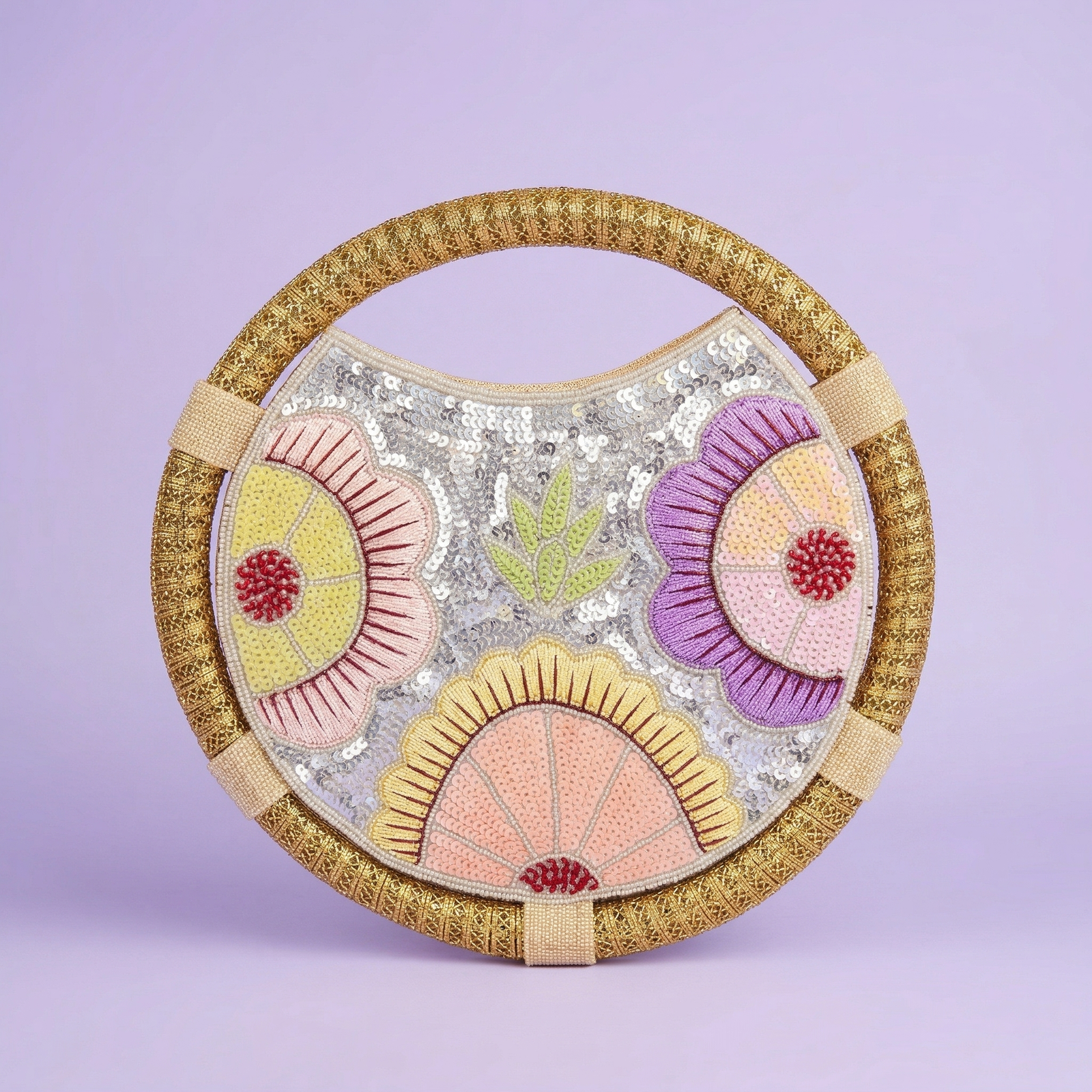 Round Hand Embroidered Sling Bag – Designer Floral Sequin Clutch with Gold Handle for Women