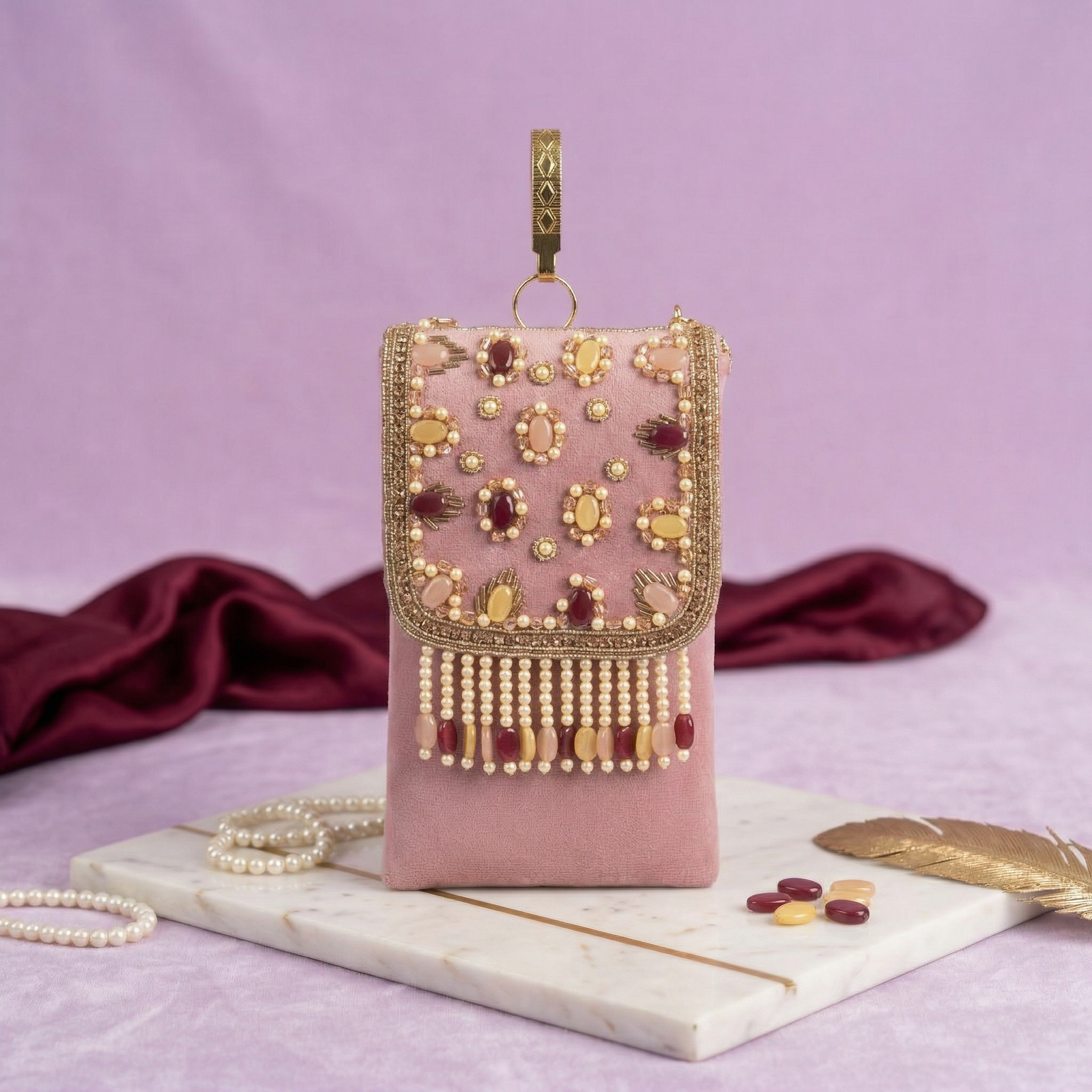 Pink Mobile Sling Bag – Embellished Mini Phone Purse with Beaded Tassels for Women