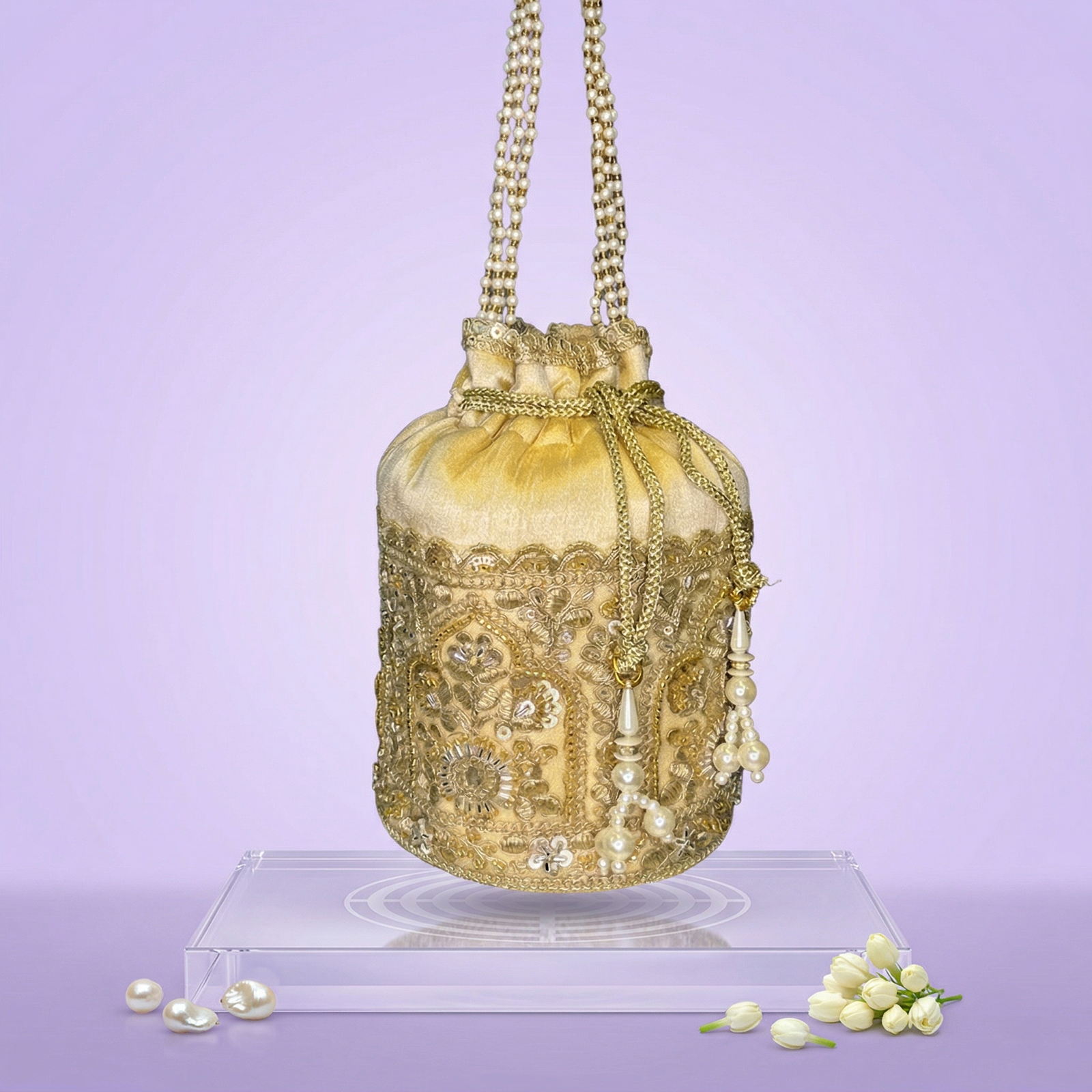 Golden Embroidered Potli Bag – Bridal Designer Pearl Handle Potli