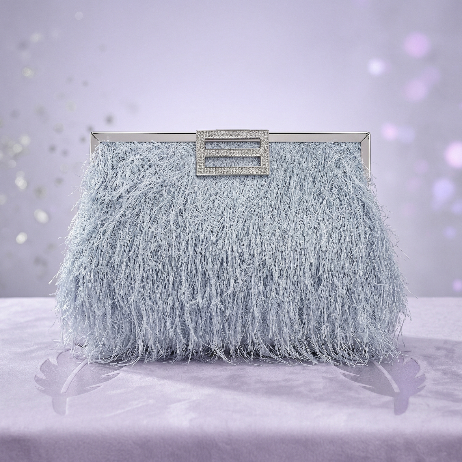 Grey Fur Sling Purse – Luxury Feather Style Party Clutch Bag