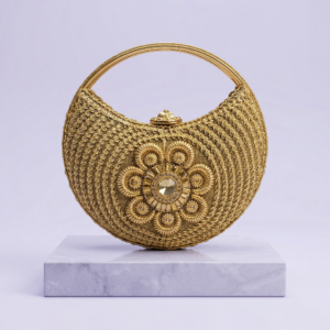 Gold Half Moon Clutch – Designer Embroidered Handheld Party Bag for Women