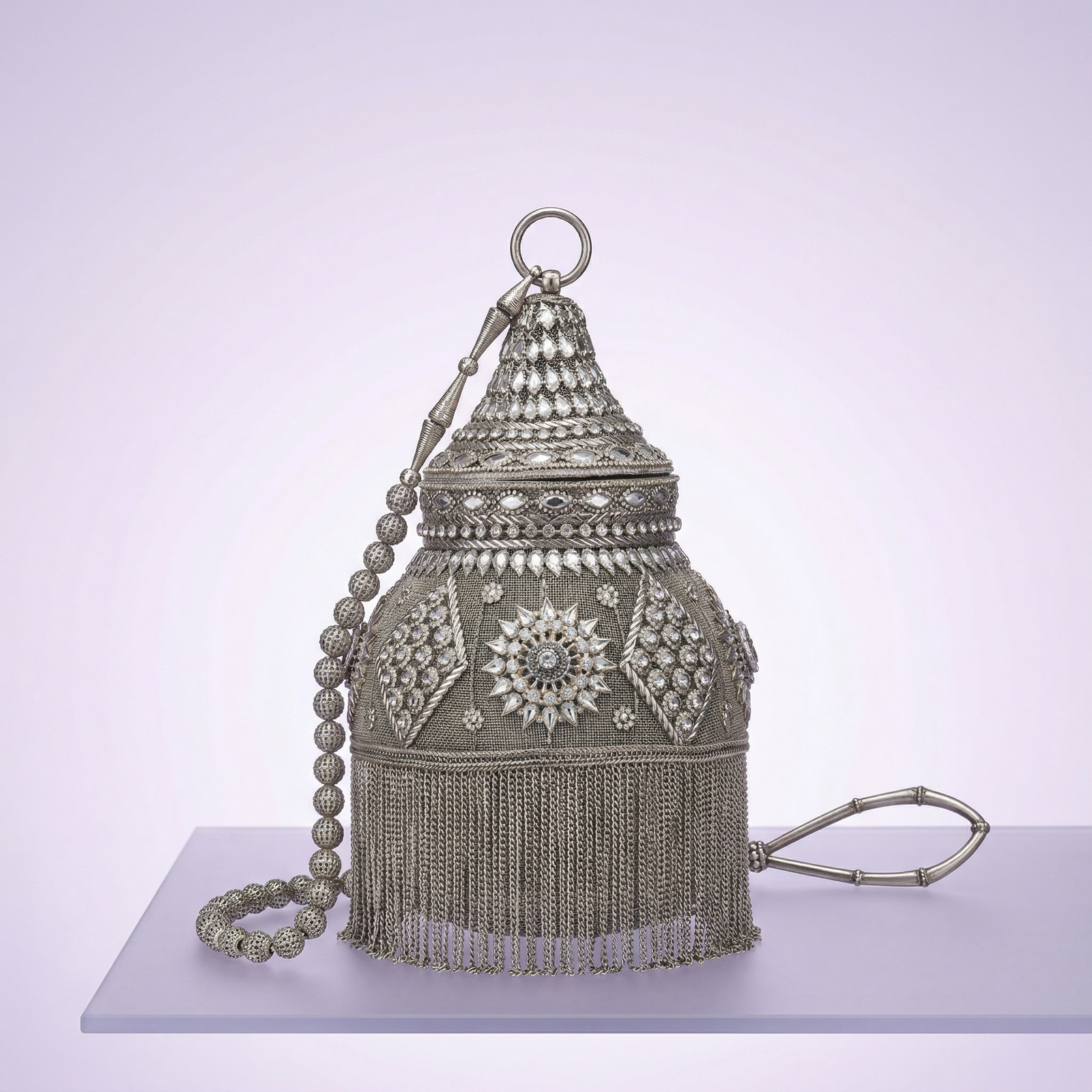 Silver Jhoomar Potli Bag – Designer Embroidered Tassel Pouch with Beaded Handle for Women