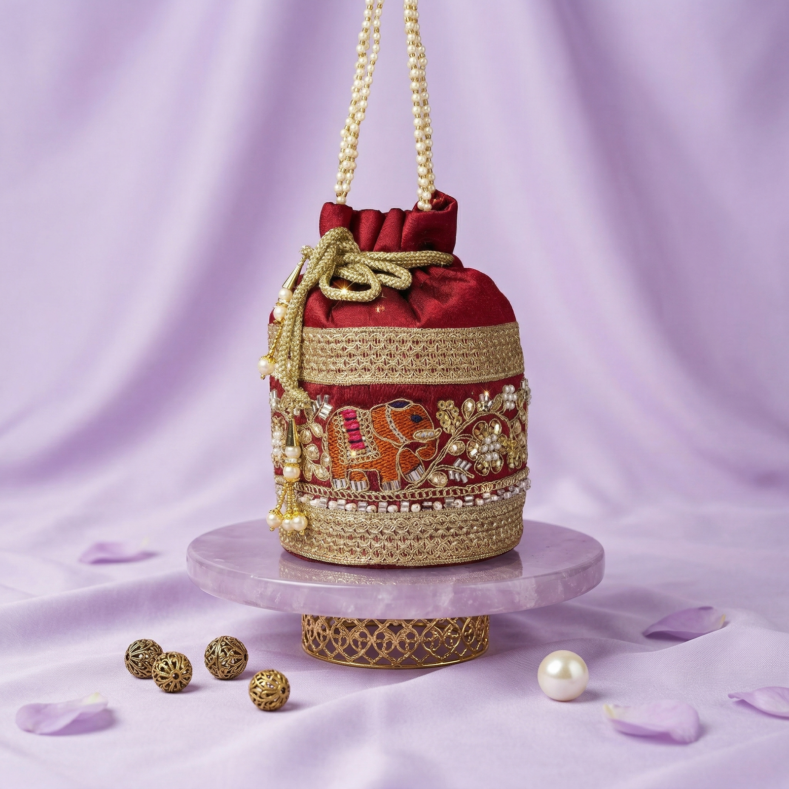 Red Haath Potli Bag – Embroidered Elephant Design Pearl Handle Drawstring Pouch for Women