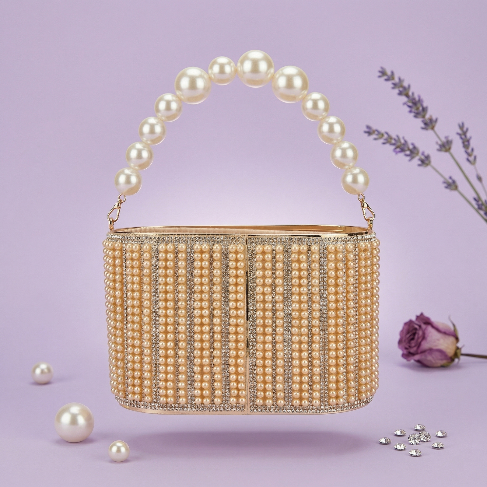 Luxury Rose Gold Pearl Handbag – Designer Beaded Clutch with Pearl Handle for Women