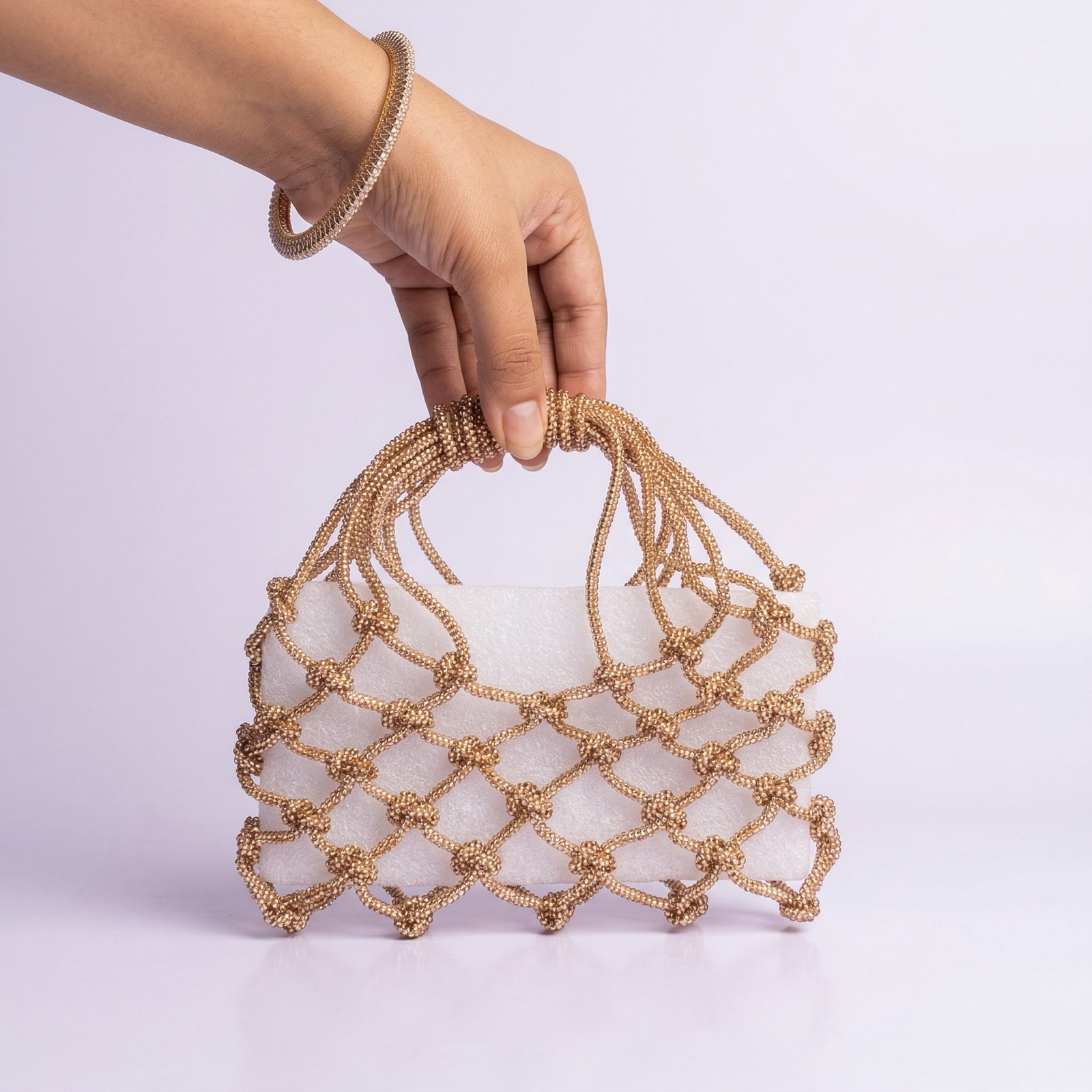 Rose Gold Net Handbag – Designer Beaded Mesh Purse with Inner Pouch for Women