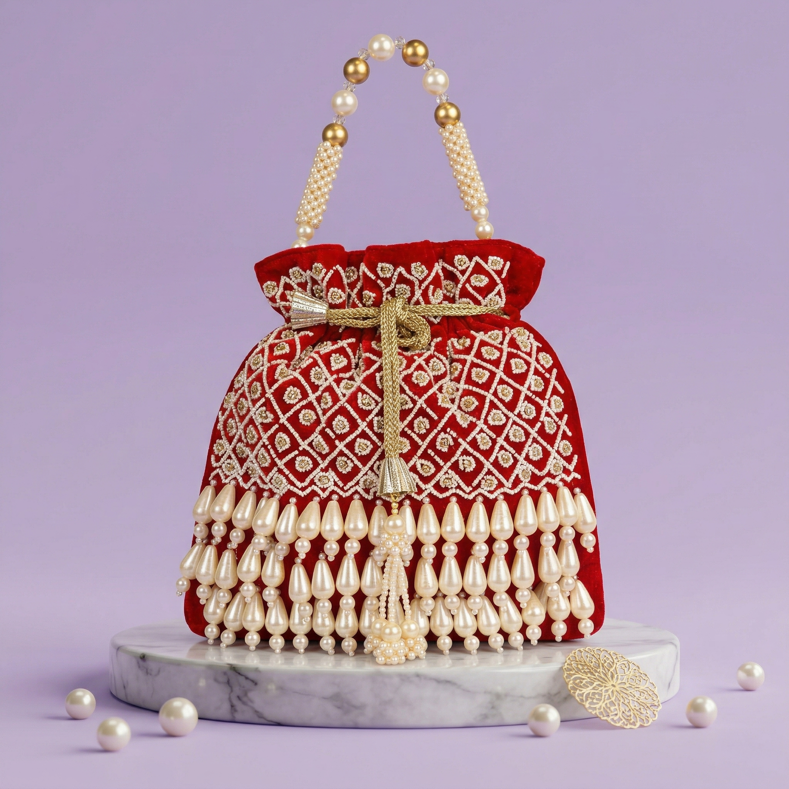 Red Velvet Tassel Potli Bag – Pearl Handle Embroidered Bridal Drawstring Pouch for Women